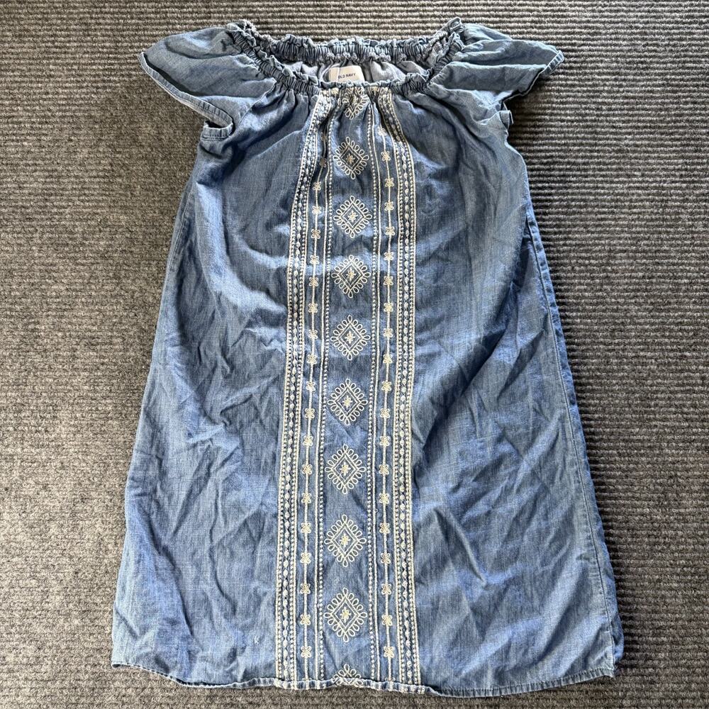 Old Navy Girls Size 8 Chambray Embroidered Dress Off Shoulder Blue